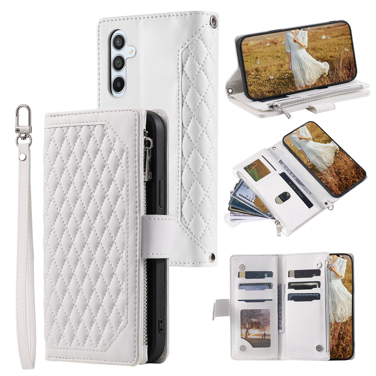 

For Samsung Galaxy S25 FE Wallet Case Rhombus Stitching Line PU Leather Phone Cover with Wrist Strap White
