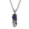 Antiqued Boho Feather Blue Glass Pendant Necklace for Women Men 316L Stainless Steel Chain Silver Color Hip Hop Amulet Jewelry