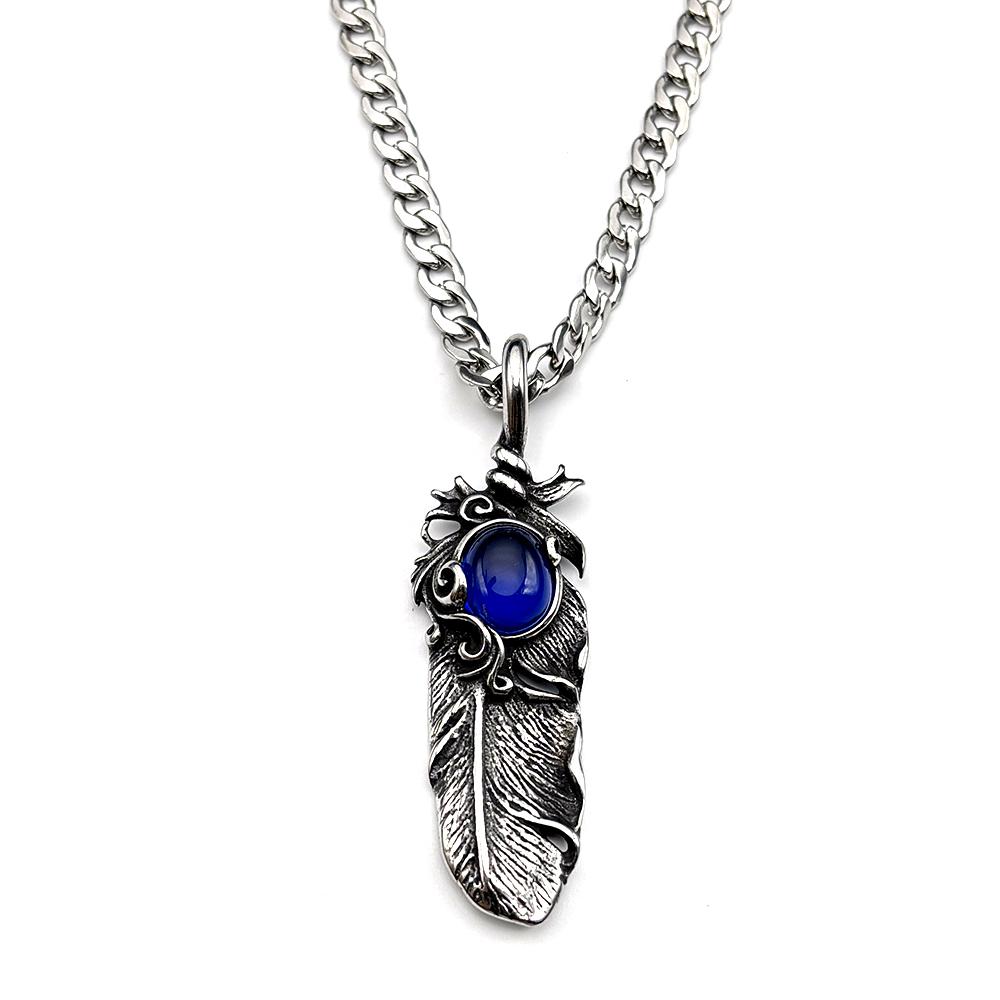Antiqued Boho Feather Blue Glass Pendant Necklace for Women Men 316L Stainless Steel Chain Silver Color Hip Hop Amulet Jewelry