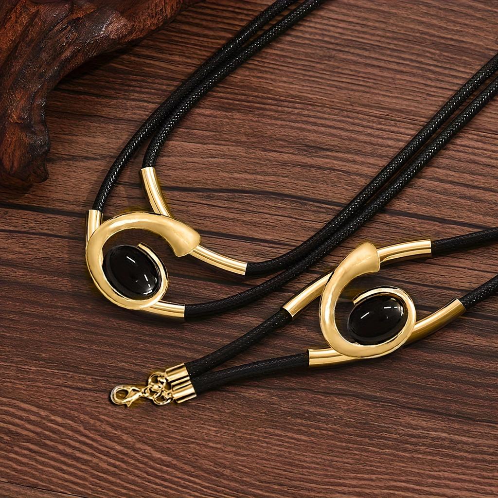 Two-Piece Set for Women Bohemian Style Spiral Inlaid Black Acrylic Synthetic Gemstone Long Bead Pendant Necklace and Bracelet Set