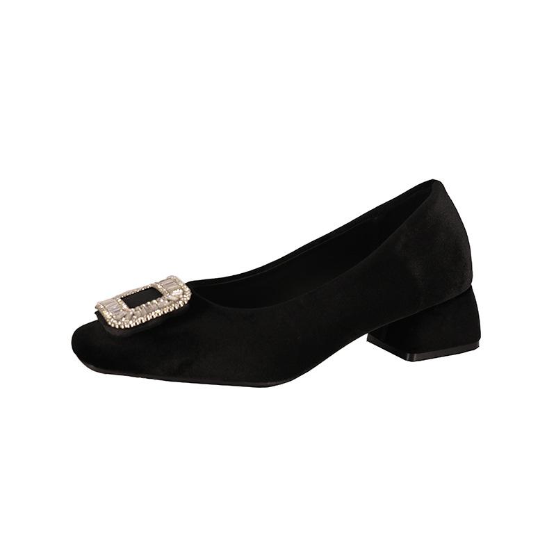2025 spring and autumn new thick heel French rhinestone temperament single shoes women's middle heel square head commuting fashion shallow mouth wome