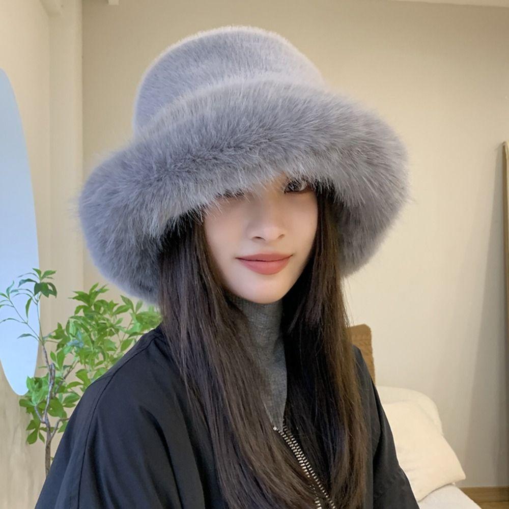 Solid Color Faux Fur Bucket Hat Imitation Fur Luxury Plush Hat Fluffy Fur Fisherman Hat Winter