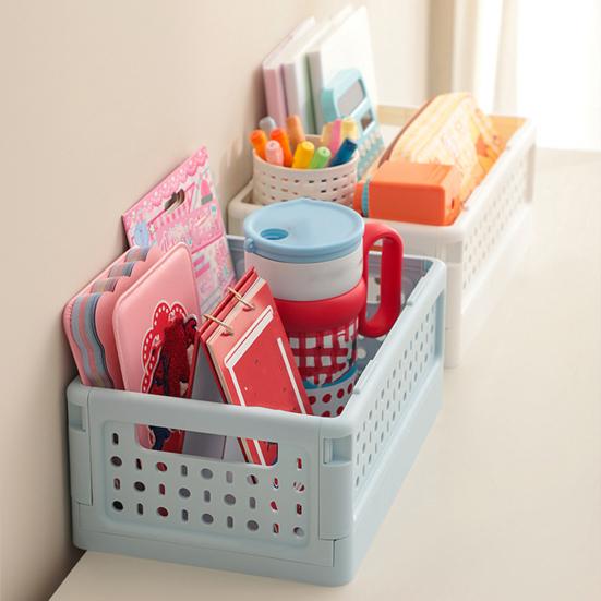 Składany Kosz do Przechowywania Stackowalny Składany Kosz Składany Organizer Biurkowy z Uchwytami na Przekąski Artykuły Papiernicze Kosmetyki Pralnia Spiżarnia