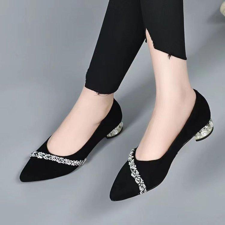 Low-heeled Rhinestone Pointed Women's Shoes Spring New Elegant Thick-heeled Light-mouth Single Shoes Women's Matte Ladyshoes Black Work Shoes