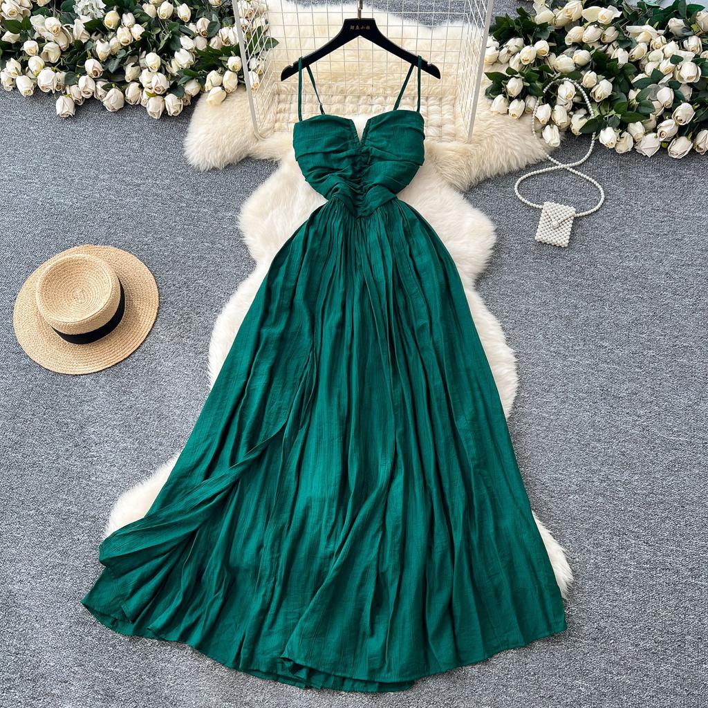 Leichter Luxus Europäisches und Amerikanisches Trägerkleid Damen Sommer Sexy Rückenfrei Träger Falten Design Spice Girl Großer Saum Langes Kleid Kleid