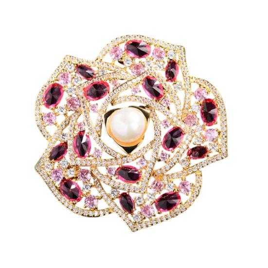 Women Brooch Pin Camellia with Imitation Pearl Design Lapel Pin Rhinestones Inlaid Decorative