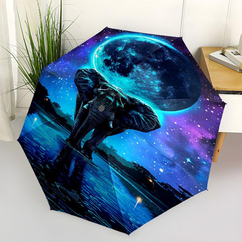 

Elephant, Moon Themed Automatic Opening and Closing Umbrella, Compact Travel Umbrella, Lightweight and Portable, Suitable for Beach Commutin