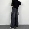 Men Baggy Cargo Jeans Multiple Pockets Solid Color Zipper Fly Loose Straight Wide Leg Pants Autumn Denim Trousers Streetwear