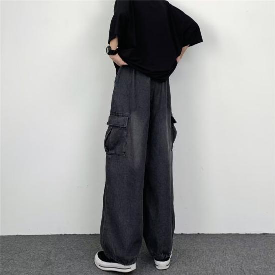 Men Baggy Cargo Jeans Multiple Pockets Solid Color Zipper Fly Loose Straight Wide Leg Pants Autumn Denim Trousers Streetwear