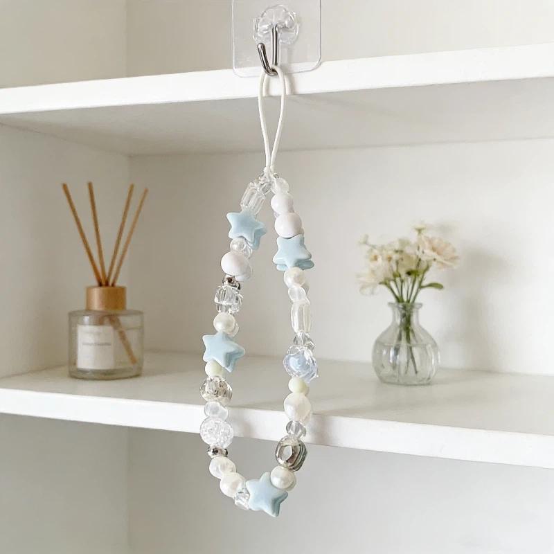 Blue Star Pearl Lanyard For Mobile Phone Fashion Pendant Universal Accessory For iPhone Hand Chain Suitable For Girls Fresh Cute