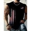 [Print Design-Not Textured] Men'S Plus Size Print Comfortable Breathable Vest, Casual Sleeveless T-Shirt, Patriotic Flag Pattern