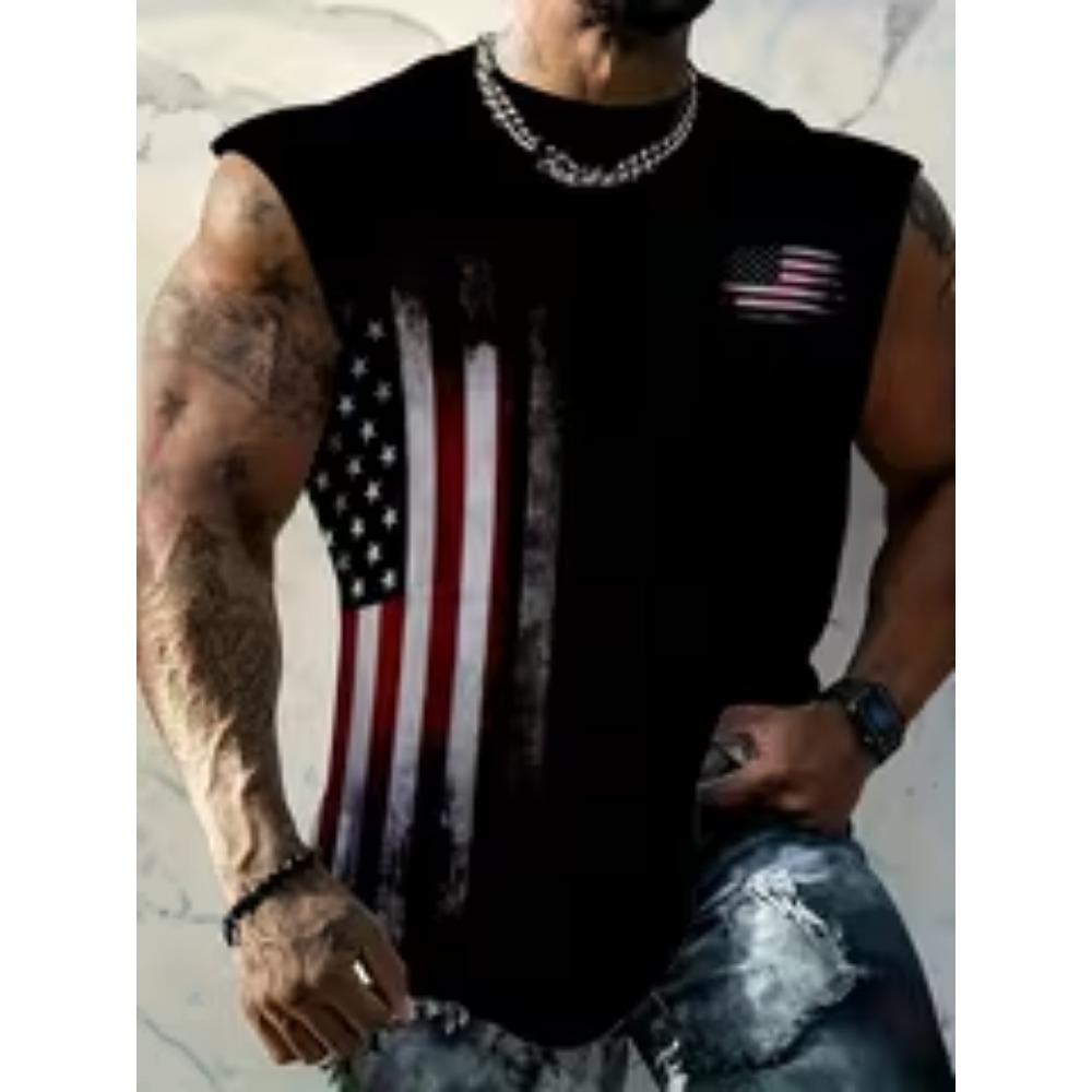 [Print Design-Not Textured] Men S Plus Size Print Comfortable Breathable Vest, Casual Sleeveless T-Shirt, Patriotic Flag Pattern S