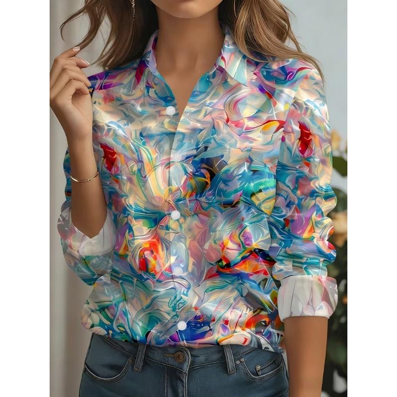 Autumn New Plaid Tie Dye Print Blouse Ladies Long Sleeve Gradient Button Laple Loose Shirts Tops Casual Fashion Women's Clothing