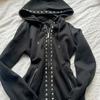 Damen Lässige Schwarze Kapuzenjacke Reißverschluss Oberteil Gerippter Strickkragen Langarm Herbst Winter Streetwear Y2K Stil Oberbekleidung