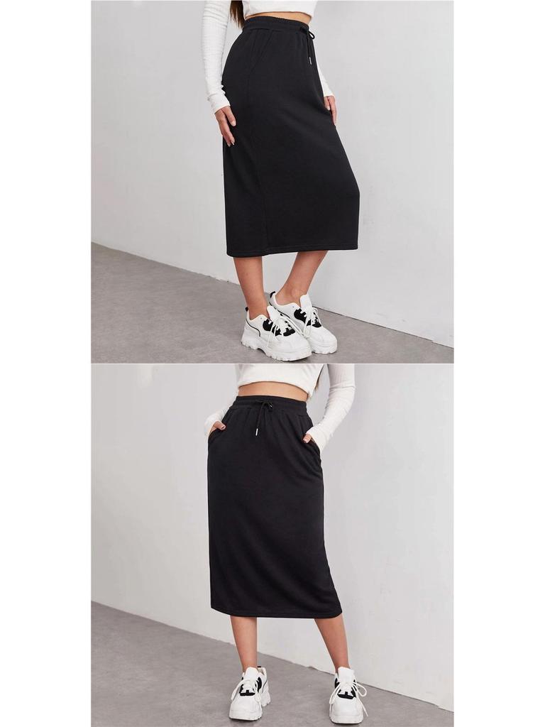 European-American Casual Elastic Waist Slit Skirt