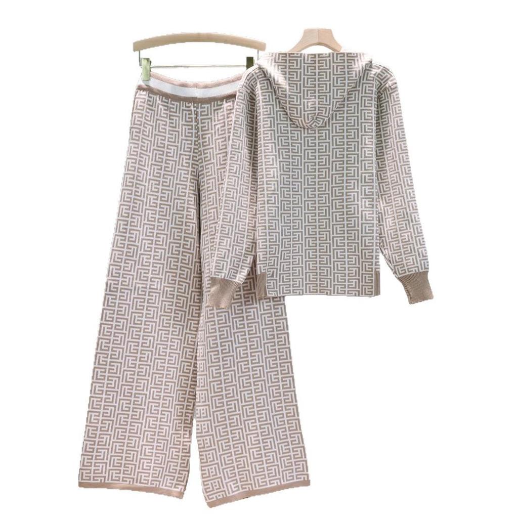European & American Women's Hooded Jacket & Wide-Leg Pants Knit Two-Piece Set for Spring & Autumn