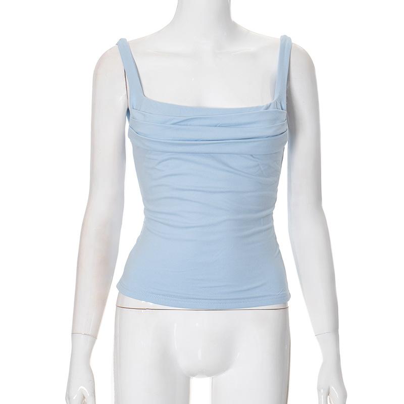 GMXIA Women's Spring Halter Slim Solid Color Patchwork Pleated Halter Vest T-shirt Top