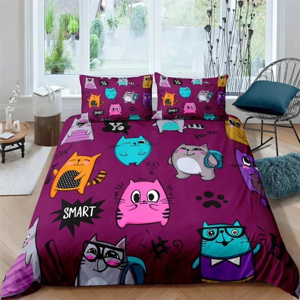 Zestaw pościeli z kreskówkowym kotem dla dzieci Kawaii Kitty poszewka na kołdrę kolorowa poszewka na kołdrę dla zwierząt domowych King Twin Queen poliestrowa poszewka na kołdrę