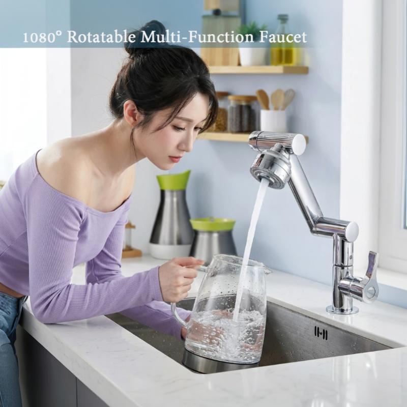 Black 1080° Swivel Robotic Arm Kitchen Faucet Dual Flow Modes Anti-Splash Brass Core for Home Kitchen Sink