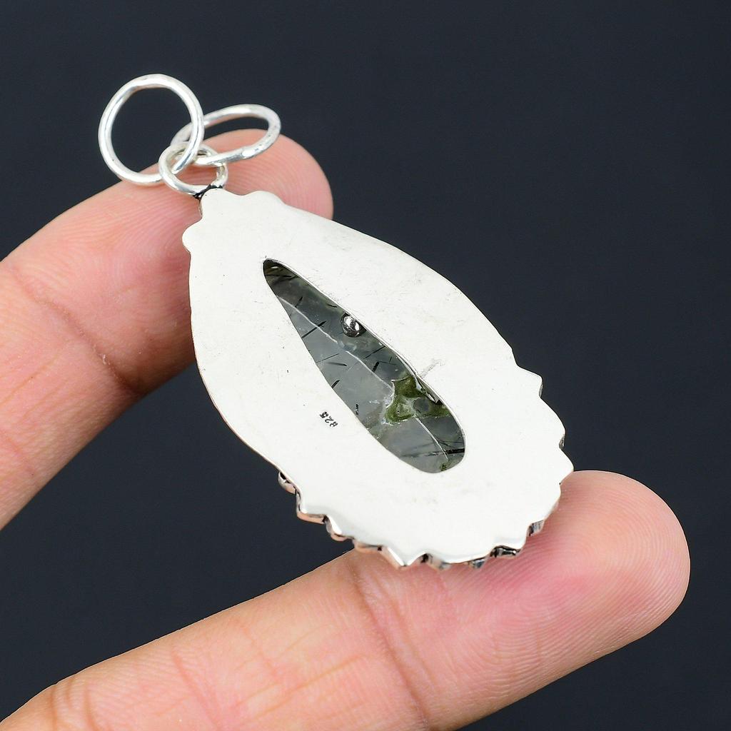 Sterling Silver Pear Moss Prehnite Gemstone Handmade Daughter Pendant Jewelry
