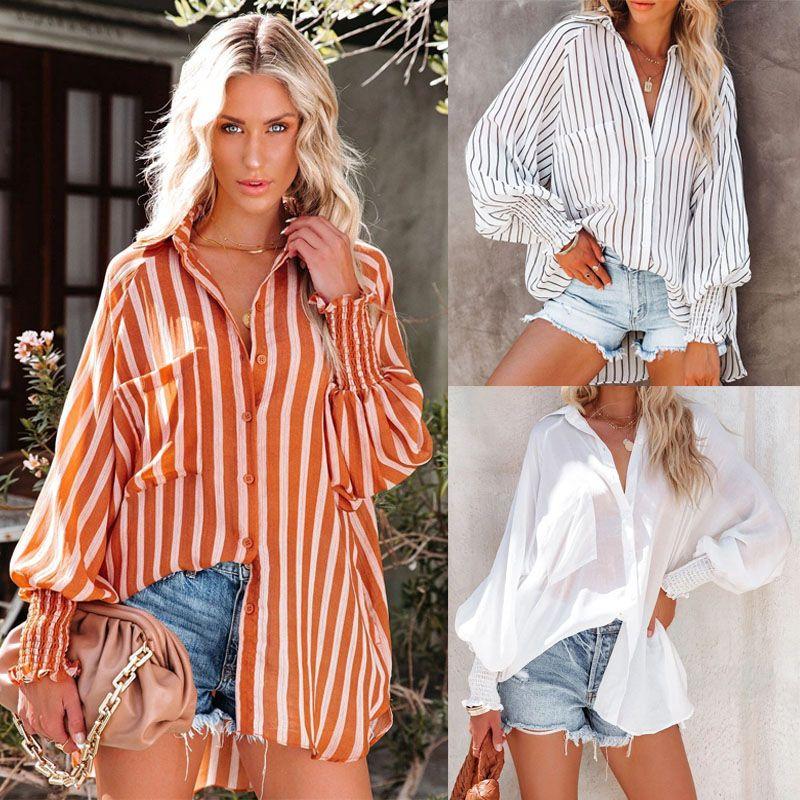

Spring and Summer Amazon Beach Vacation Sun Protection Striped Blouse Orange Strip M