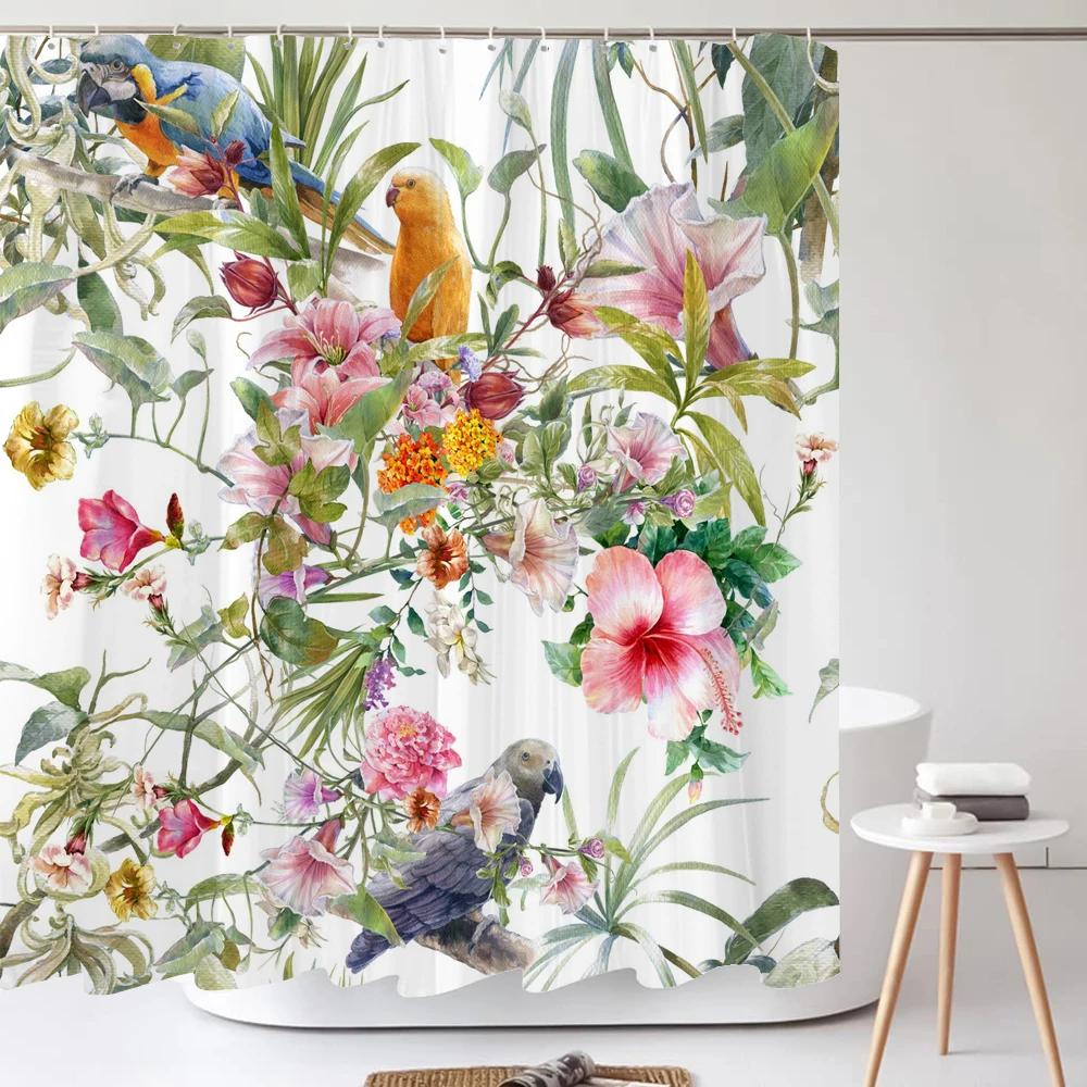 Watercolour Flowersleaves Shower Curtain Morden Art Floral Waterproof Fabric Bathroom Curtains Room Decor Curtain With Hooks