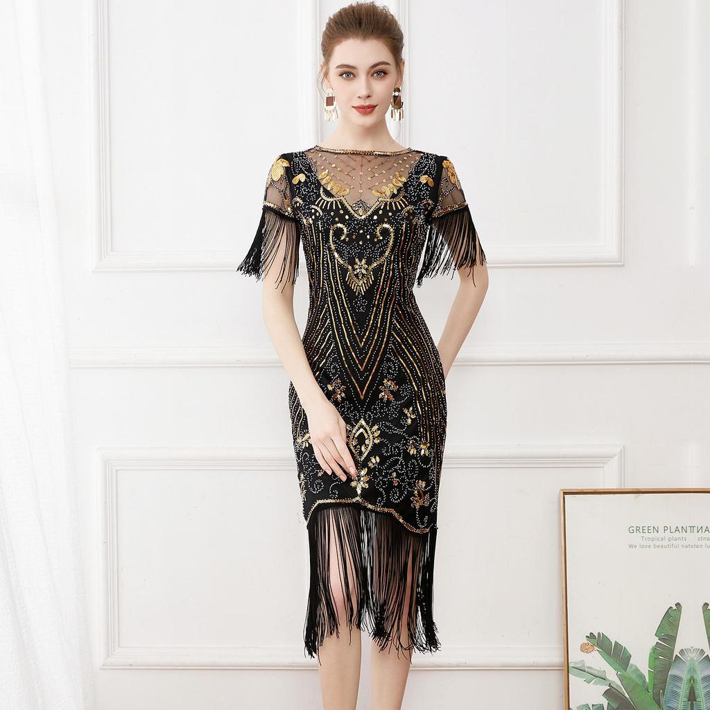 Vintage 1920s Sequin Beaded Ball Gown with Embroidery & Tassels - Plus Size Cocktail Dress