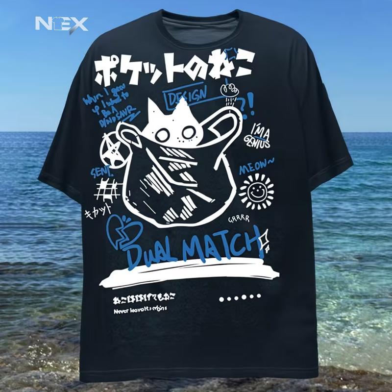 Men Cartoon T-Shirts 2026 Summer Harajuku Kawaii Cat Printed Short Sleeve Tees Couple Streetwear Loose Clothes Y2K Tops
