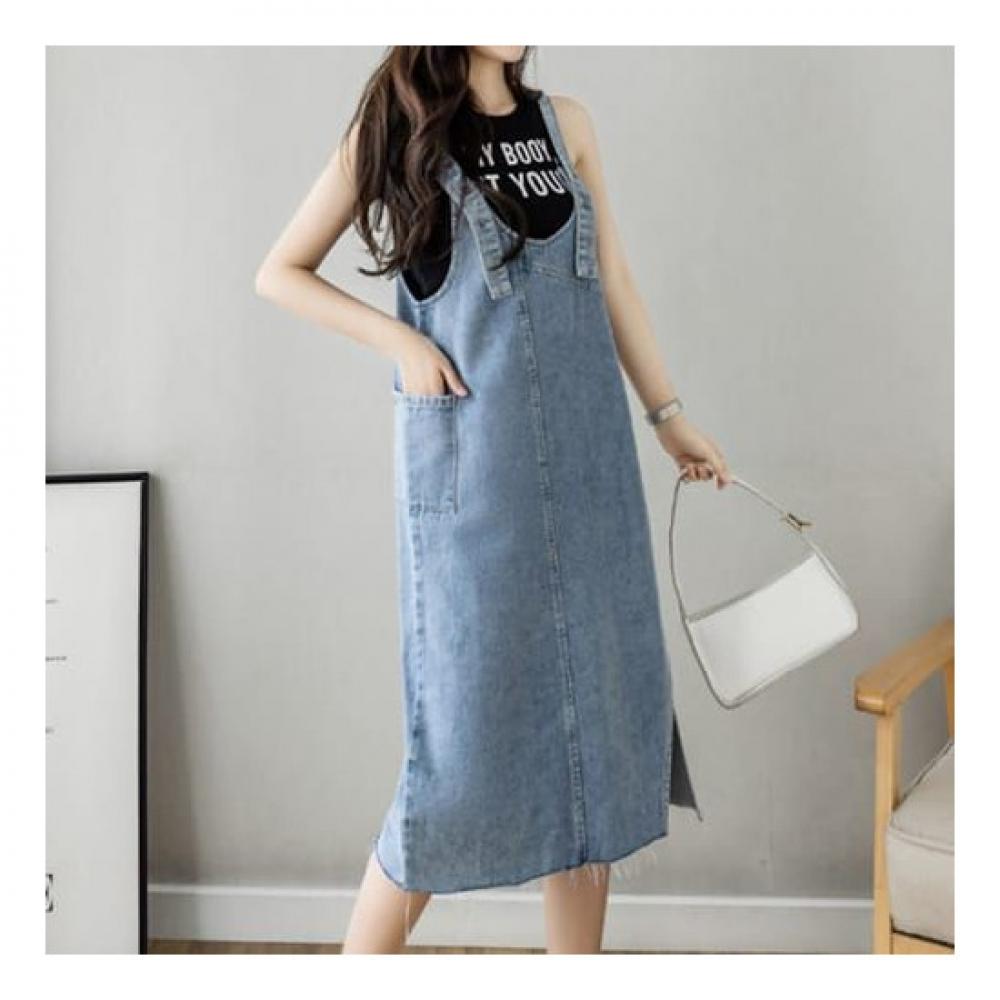 Navava Women No753 Split Hem Button Dungaree Denim Dress