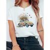 Women's White Casual T-Shirt with Vibrant Van & Floral Print - Short Sleeve Round Neck Top Classic Fit