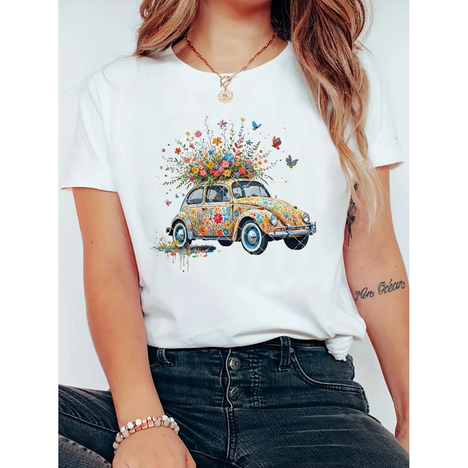 

Women s White Casual T-Shirt with Vibrant Van & Floral Print - Short Sleeve Round Neck Top Classic Fit XXXXXL білий