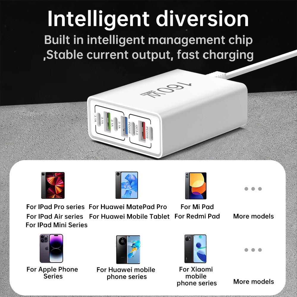 7-Port Multi-USB Fast Charging Smart Desktop Hub with Cable & Type-C Power Strip