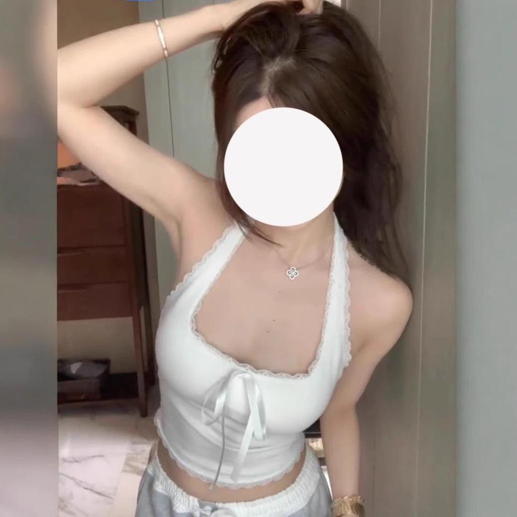 Women's White Lace Trim Halter Tank Top with Chest Pad - Summer Backless Outerwear