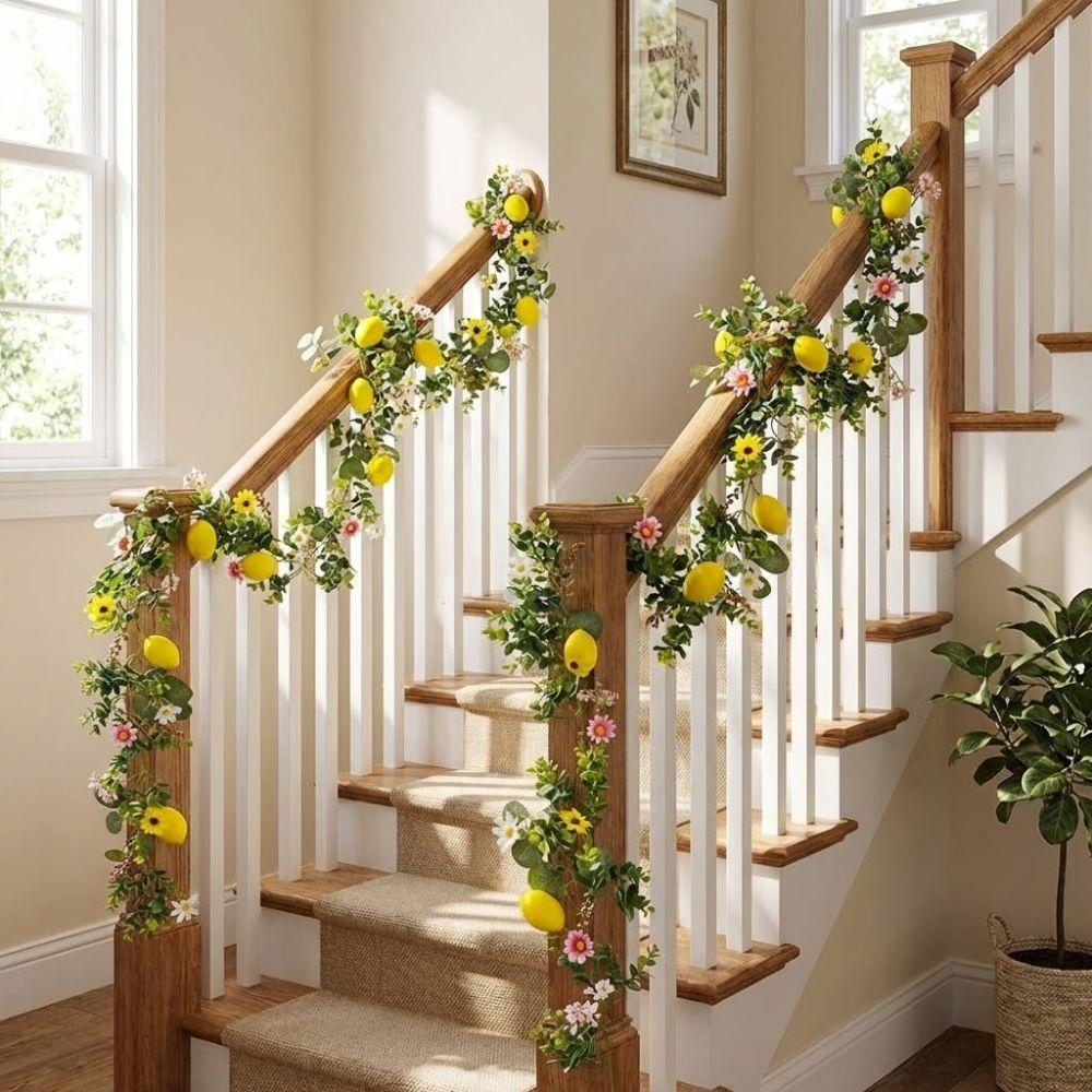 Silk Flowers Artificial Lemon Vine Green Leaves 200CM Length Faux Lemon Branch Real Touch Realistic Lemon Garland Kitchen Decor