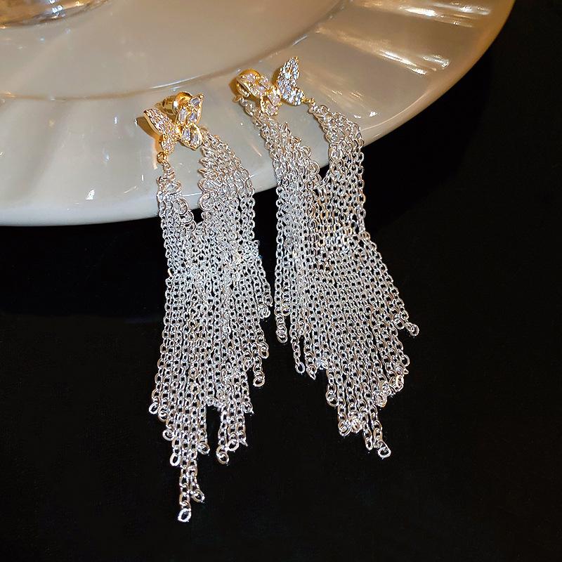 Zircon Butterfly Fringed Earrings Fashion Stud Earrings Light Luxury High Temperament Earrings Women