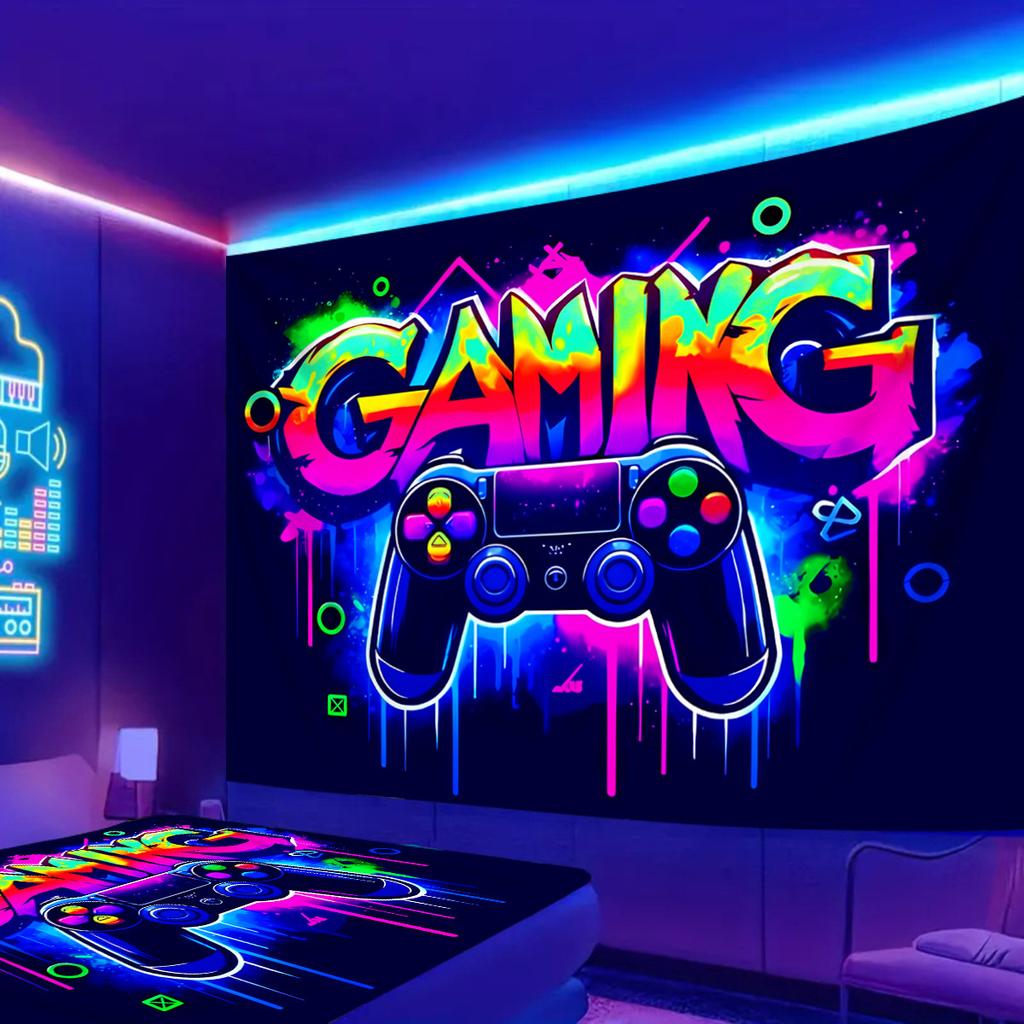 Arazzo Fluorescente Graffiti GAMING Controller Reattivo alla Luce Nera Appeso a Parete per Stanza da Gioco Camera da Letto Arredamento Dormitorio