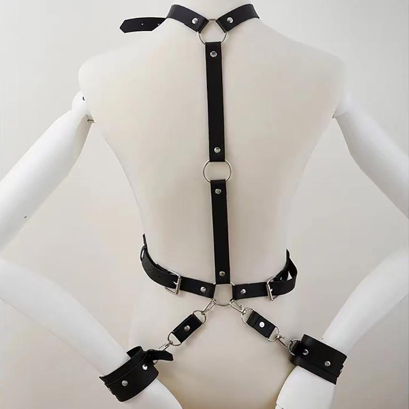Sexy Women'S Black Leather Collar And Wristband With Integrated Adjustable Belt