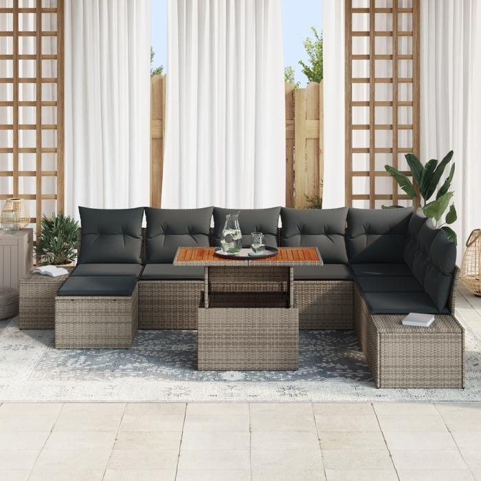 VidaXL Ensemble de Salle à Manger de Jardin en 9 Pièces avec Coussins en Rattan Gris et Acacia 3349999