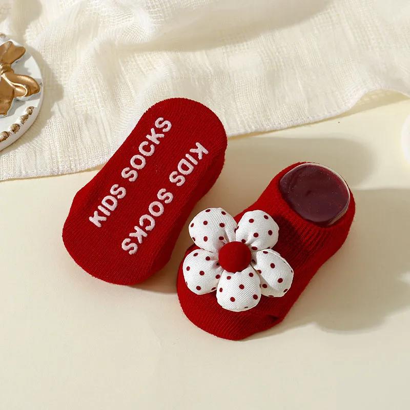 Baby Socks Christmas New Year Newborn Infant Flower Bow Ankle Socks Anti Slip Rubber Soles Baby Girl Indoor Floor Socks