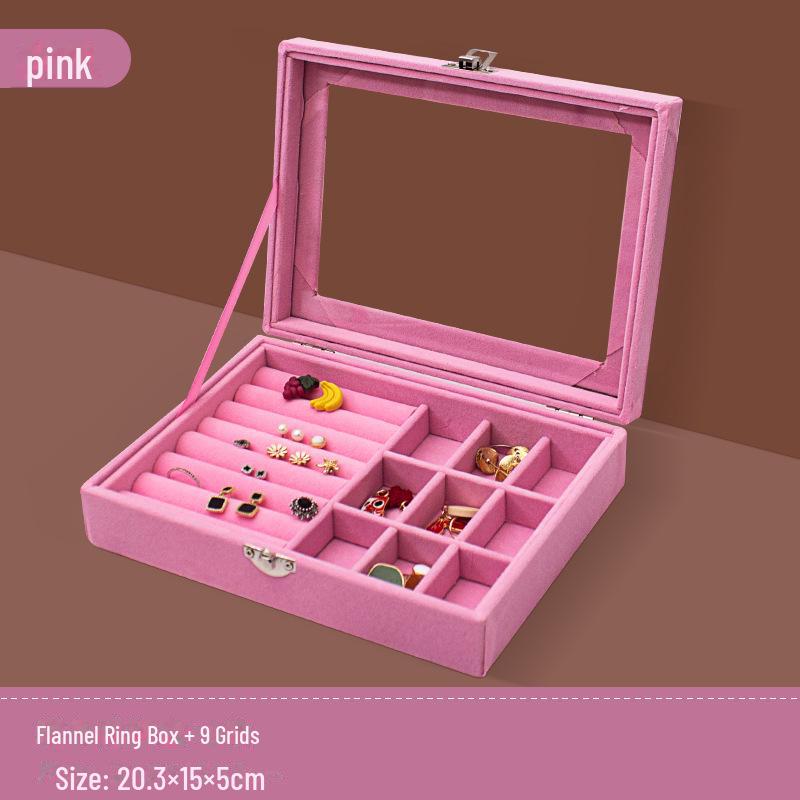 Pink Flocked Portable Jewelry Box with Lid - 316-Grit Dustproof Glass Ring & Earring Display