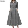 ZANZEA Women Casual Turn Down Collar Long Sleeve Grid Print A-Line Dress