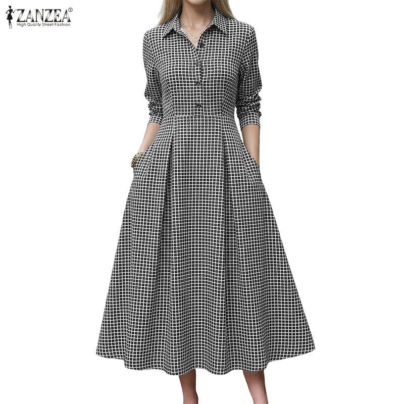 ZANZEA Women Casual Turn Down Collar Long Sleeve Grid Print A-Line Dress