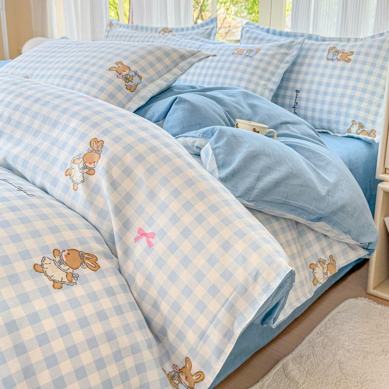 Cotton 4-piece Set Thickened Brushed Fresh Cotton Bed Sheet Quilt Cover Hats Models Dormitory 3-piece Set