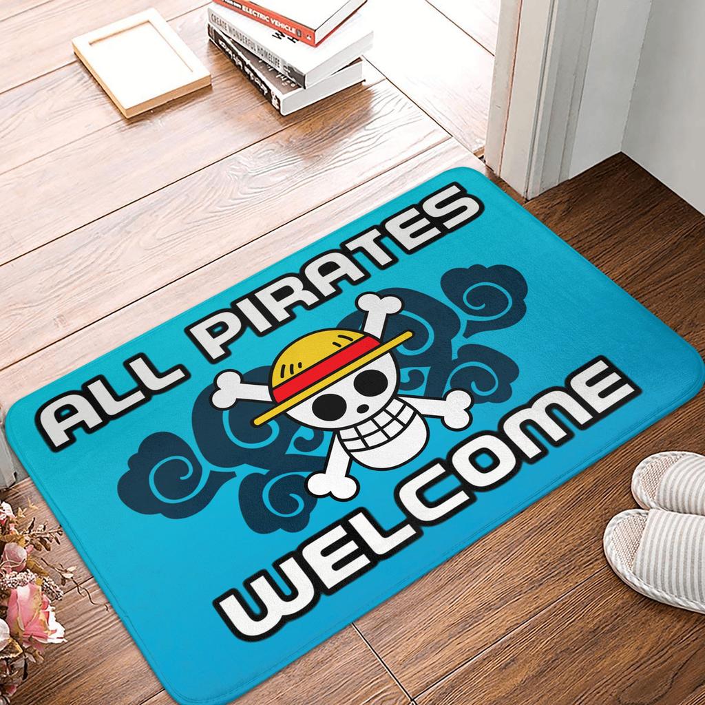Anime One Piece Front Door Mat Anti-Slip Outdoor Absorbent Straw Hat Pirates Luffy Doormat Garden Garage Entrance Rug Carpet