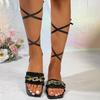 Women's Casual Square Toe Chain Slippers 2025 Summer Fashion Metal Decoration Beach Sandals Flat Shoes Slides Zapatos De Mujer