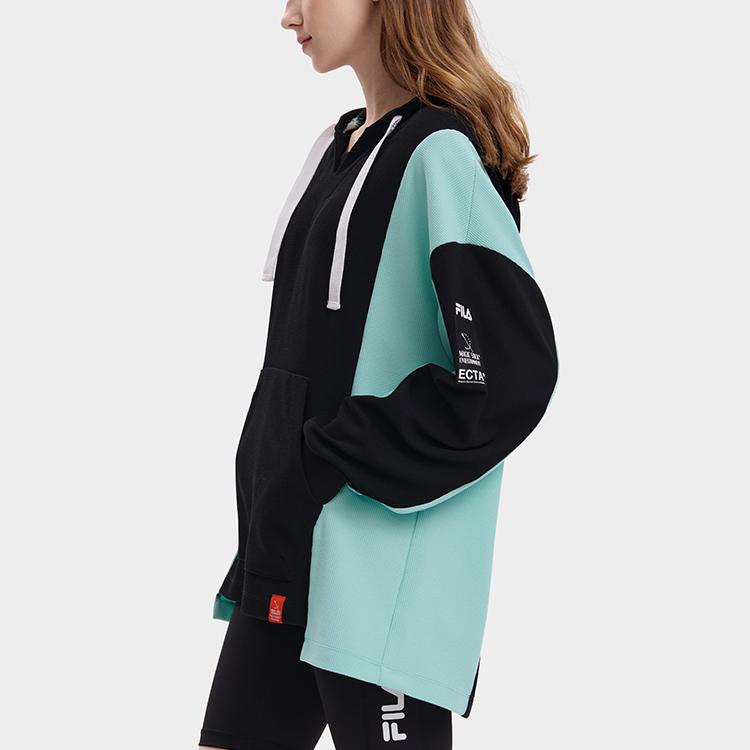 Fila 2023 Autumn New Knitted Hooded Sweatshirt Fashion Loose Color Block Splicing Women Tops Black F11W339207FBK