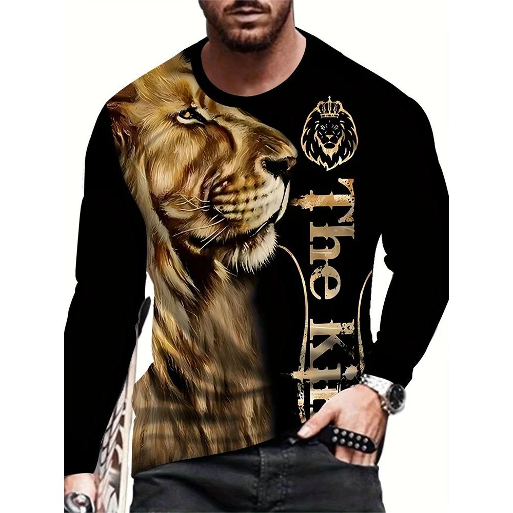 Spring and Autumn Round Neck Lion Pattern 3D Printed Top Fashionable Casual Long Sleeved Men's T-shirts