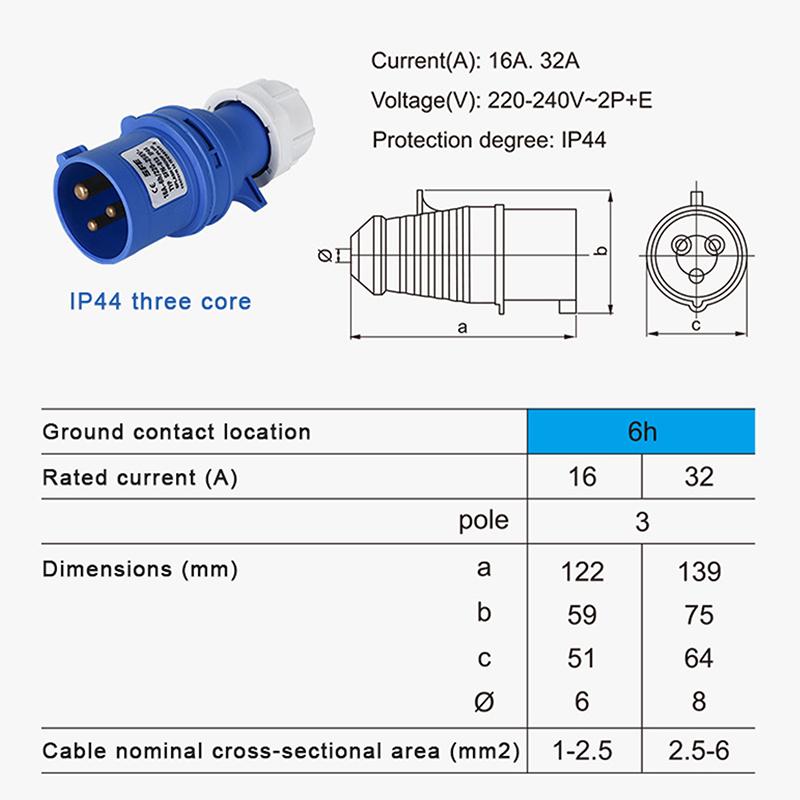 32A 3-Pin Stecker Industriell Stecker & Buchse Sfn-023/Sfn-223 Wasserdicht Ip44 220-240V~2P+E
