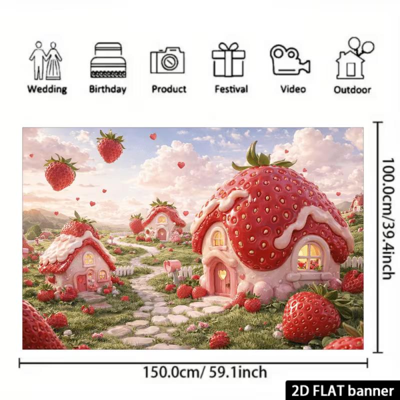 2D Whimsical Strawberry Houses & Hearts Photography Background