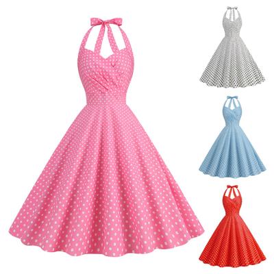 Damen Abendkleid Vintage Kontrastfarbe Punktmuster A-Linie Großer Schwung Slim